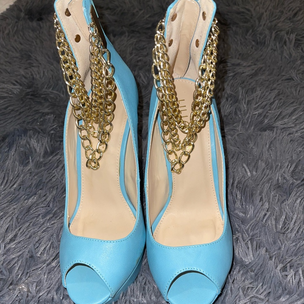 Blue peep toe platform high heels